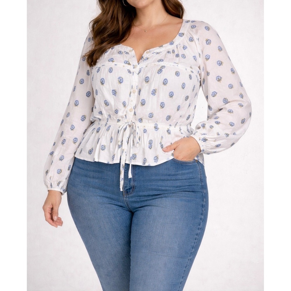 Pilcro Anthropologie White Blue Floral Embroidered Tiered Blouse Plus 1X